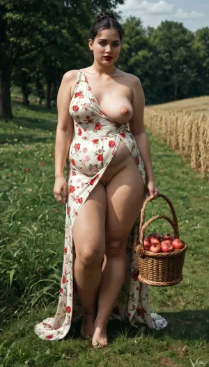 Extremely high-quality, highly detailed, cinematic photo, 8K, HD, a masterpiece.

A chubby woman, (plump, thin waist), 25 years old, medium breasts, pink areolas, erect nipples, shaved vagina, long black hair tied up, tall, thick thighs, long legs, thin waist, red lips, (wearing a floral micro dress, deep neckline, exposed breasts, one breast showing, the other visible), (without panties), (chamomile and viburnum crown), sitting on a haystack in a wheat field, clay jug with milk, wicker basket with pies and apples, side view, legs open towards the viewer, the golden sunlight filtering through the nearby trees, creating dramatic shadows and enhancing her fair skin, looking at the viewer, <lora:add-detail-xl:2>, ​​​​, <lora:DetailedEyes_V3:2>, <lora:detailed_notrigger:1.2>