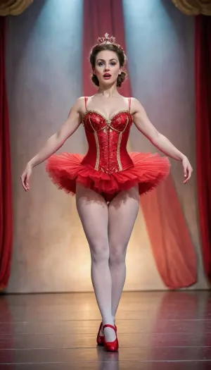 Opera and Ballet Theater, on stage scenery for the ballet The Nutcracker, view from below from afar, ballerina in a tutu and corset but without panties, ((bottom less)), stands with one leg raised up, showing a shaved, plump, fleshy vulva, which includes the massive, hairy pussy, (red pubes), dripping pussy juice, vaginal ejaculation, pussy juice on thigh