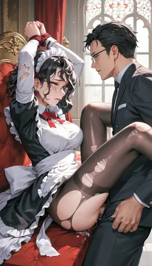 30 years japanese woman black hairs, submissive face, ripped black pantyhose, ripped maid cloths, glasses, in mansion red bedroom, crying, hand tied up above head, missionary penetration side view, maid, <lora:MJ52:.8>, <lora:lastpenet:2>, <lora:xl_cute_maid_dress-1.0:.8>