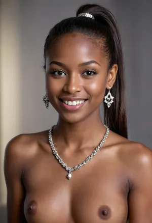 dark skinned woman, stunning, straight hair, Pony-tail, light smile, topless, extravagant Silver necklace, earrings, (best quality, photorealistic, masterpiece, award winning image)