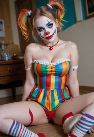 young beautiful girl 18 years old clown girl with big breasts, wearing a pulled-up dress without any underwear, laying on her back with spread legs, no panties, long striped socks, clown makeup, skinny, white face paint, detailed vagina, looking at the viewer, back long high twin multi-colored ponytails, excited, aroused, tack sharp, 4k, dslr