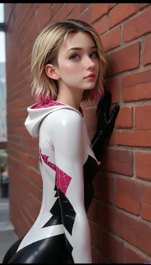 (Masterpice), (HD4K visual), (detailed background), 4K ultra-detailed image, HDR, enhancement, professional photography, clear face, detailed face, precise anatomy, (perfect symmetry), (5 fingers per hand), maximum resolution, sharp focus, NSFW, (spider Gwen from Marvel comics:1.4), short blond bobbed hair with pink tips, flat chested, (pierced nipples), iconic white pink and black latex spider suit, (hanging on the wall like a spider:1.4), overlooking new York, side view, ratatatat74, incase, style, flat, chested, <lora:ratatatat74-000050:1.4>, <lora:Incase_Style__SDXL:1.4>, <lora:Spider-Gwen:1.4>, <lora:flat_chested_v3.5:1.4>
