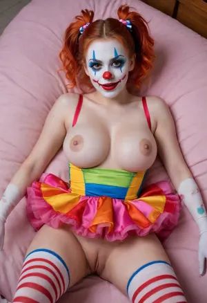 young beautiful girl 18 years old clown girl with big breasts, wearing a pulled-up dress without any underwear, laying on her back with spread legs, no panties, long striped socks, clown makeup, skinny, white face paint, detailed vagina, looking at the viewer, back long high twin multi-colored ponytails, excited, aroused, tack sharp, 4k, dslr