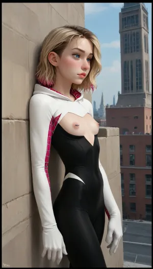 (Masterpice), (HD4K visual), (detailed background), 4K ultra-detailed image, HDR, enhancement, professional photography, clear face, detailed face, precise anatomy, (perfect symmetry), (5 fingers per hand), maximum resolution, sharp focus, NSFW, (spider Gwen:1.4), short blond bobbed hair, flat chested, (pierced nipples), iconic white pink and black latex spider suit, (crawing up the wall like a spider on a side of a tower:1.4), overlooking new York, side view, ratatatat74, incase, style, flat, chested, <lora:ratatatat74-000050:1.4>, <lora:Incase_Style__SDXL:1.4>, <lora:Spider-Gwen:1.4>, <lora:flat_chested_v3.5:1.4>