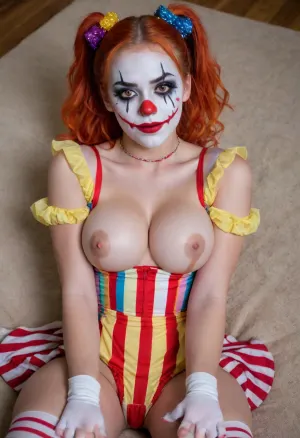 young beautiful girl 18 years old clown girl with big breasts, wearing a pulled-up dress without any underwear, laying on her back with spread legs, no panties, long striped socks, clown makeup, skinny, white face paint, detailed vagina, looking at the viewer, back long high twin multi-colored ponytails, excited, aroused, tack sharp, 4k, dslr