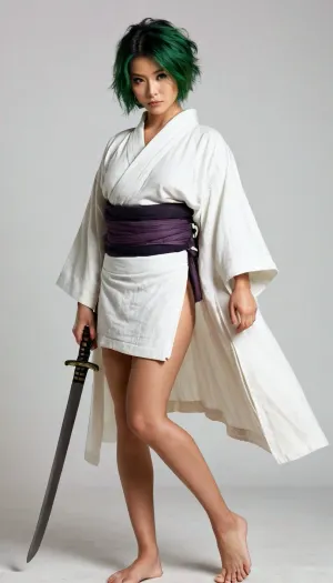 Samurai, female, 28 years old, japanese woman, lorenor zorro, very short green hair, messy hair tousled hair, large eyes, cute Face, round face, sympatic face, scar over right eye, white Kimono, large tits, sandals, three samurai swords, prebac, frontlb, rearlb, bothlb, presenting, backside, <lora:PresentBackside.0.9:.8>