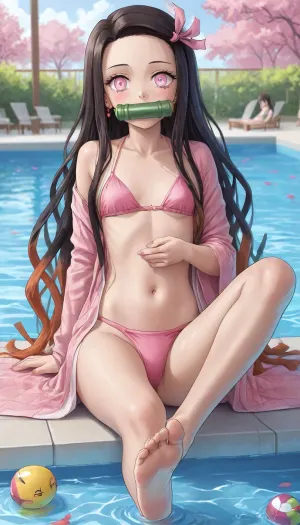 (Nezuko Kamado from Demon Slayer:1.5), wearing a pink yukata, long hair, micro belly, dancing, Nezuko, kamado, nezuko, in a pink swimsuit by the pool, Foot fetish, showing feet, very high quality water, Nezuko is sitting, <lora:LCMTurboMix_Euler_A_fix:.6>, <lora:Nezuko_XL_0_-000005:.8>, <lora:Nezuko:.8>, <lora:outline_xl_kohaku_delta_spv5x:.8>, <lora:kedama-XL-v31-ep20:.8>