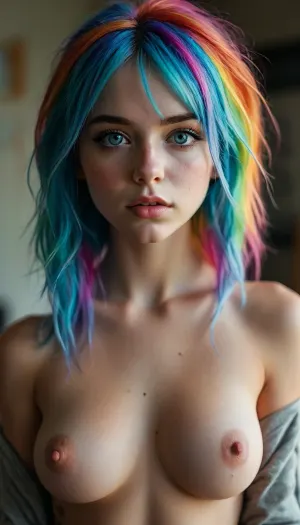 (Jack cayless art style), petite student, rainbow hair, Sex, Erotica, ripped revealing clothes, goth, nude tits, Small tits, full body view, Tinymodel, young, school, pretty young, Young girls, 18 years old, perfect face, blue eyes, cute, closeup, petite body, smokey eyes, full body photo, beautiful face, fluxenh4nce, <lora:MJ52:.3>, <lora:FLUXEnh4nce:.8>