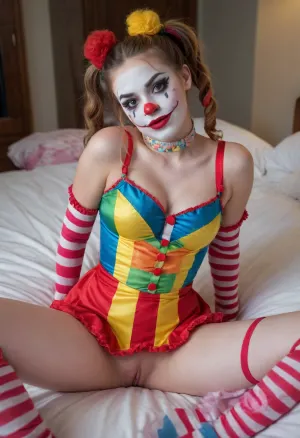 young beautiful girl 18 years old clown girl with big breasts, wearing a pulled-up dress without any underwear, laying on her back with spread legs, no panties, long striped socks, clown makeup, skinny, white face paint, detailed vagina, looking at the viewer, back long high twin multi-colored ponytails, excited, aroused, tack sharp, 4k, dslr