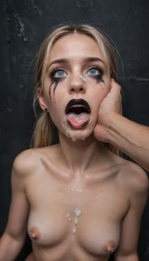 Nude girl, open mouth, shocked, crying, xxl dark emo makeup, blonde rainbowcolored hair, pigtail, flat body, wet body, hardt nipples, on her knees, hands behind, xxl pierced nipple ringback on black wall, choking, Black street, dark athmosphere, no lights, darkness, view from side, 2man standing, cock in Hand, huge cumshot on face, huge flying cum, huge cum on face, facial cumsplash, cum in mouth, zoom face, massive cum oberdose, pov, cum on nose, cum on eyes, xxl big eyes, wide open eyes, cum covered face, black lipstick, tears, side view