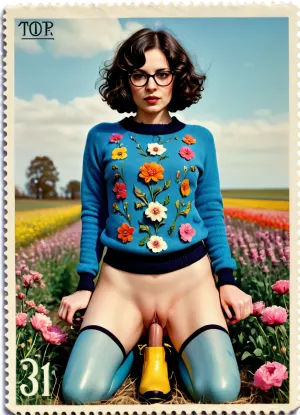 portrait, (((BODY FACING FORWARD, FRONT VIEW))), woman, (31 years old:1.3), bob cut wavy black-brown hair, glasses with black rim, (colorful jumper:1.3), no pants, no panties, hairy pussy, (blue rubber boots:1.1), (Flowers in the background:1.3), outdoor, grassland, (Victorian style, Vintage, Postage stamps:1.5), revsitting, revstanding, <lora:Vintage Postage Stamps:.9>, <lora:revsex_SDXL_1_:.8>, sexmachine, 1girl, spread, legs, cum, in, pussy, stationary, restraints, <lora:sexmachine_XL_0_:.8>