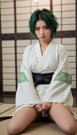 Samurai, female, 28 years old, japanese woman, lorenor zorro, very short green hair, messy hair tousled hair, large eyes, cute Face, round face, sympatic face, scar over right eye, white Kimono, large tits, sandals, three samurai swords, <lora:rearpussy-xl-1.0:.8>, <lora:SDXL_DatAss_v1:.8>