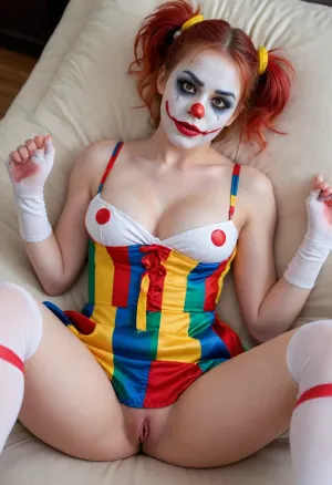 young beautiful girl 18 years old clown girl with big breasts, wearing a pulled-up dress without any underwear, laying on her back with spread legs, no panties, long striped socks, clown makeup, skinny, white face paint, detailed vagina, looking at the viewer, back long high twin multi-colored ponytails, excited, aroused, tack sharp, 4k, dslr