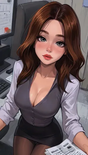 ((Melkor mancin:1), style), reiq style, masterpiece, ((1woman, 8k resolution, ultra-detailed, pale skin)), 1girl, (office background), long hair, view from above, tight secretary costume, very deep cleavage, fake big tits, samdoesarts, by, <lora:LCMTurboMix_Euler_A_fix:1.5>, <lora:mk_Bp Anime_xl:1.8>, <lora:samdoesarts1.1-000030:.9>, <lora:EnvyAnimeDigitalPaintingXL01:1.2>, <lora:EnvyCuteXL03:1.8>