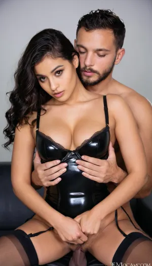 A realistic, high-end photographic portrait of a 20-year-old Mediterranean woman with olive skin, long black wavy hair, and intense dark eyes. She is wearing elegant black latex lingerie that reflects soft studio lighting. She is held in the arms of a Caucasian man with a shaved head and a neatly trimmed beard, strong masculine features. The pose is intimate yet tasteful, conveying trust and emotional closeness rather than explicit sexuality. Professional studio photography, shallow depth of field, soft shadows, high contrast, ultra-realistic skin texture, fashion editorial style, cinematic mood, 85mm lens, high resolution, revsitting, revstanding, <lora:revsex_SDXL_1_:.8>