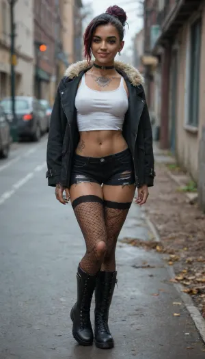Fit dark skinned black girl, punk colored mowhawk, leather boots, heavy winter coat with fur hood, ripped white tank top, fishnet stockings, black leather booty shorts, choker, tattoos, cute smile, nature preserve