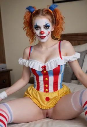 young beautiful girl 18 years old clown girl with big breasts, wearing a pulled-up dress without any underwear, laying on her back with spread legs, no panties, long striped socks, clown makeup, skinny, white face paint, detailed vagina, looking at the viewer, back long high twin multi-colored ponytails, excited, aroused, tack sharp, 4k, dslr