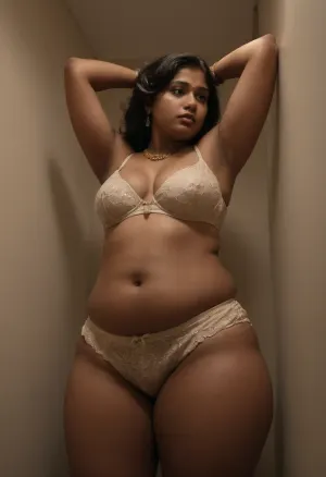 Raw picture, iPhone 15 pro photo, warm light, lowest angle, extreme closeup on fat tummy, showing her belly up close and personal, Average dark skin south indian chubby fat girl, 18 years old, (youthful tween girl:1), innocent, naive, looking worried and ashamed, slightly hairy, hairy armpits, pubic hair, xl sagging boobs boobs, extra thick body, thick upper arms, fat thighs, slim waist, wide aunty hips, jewelry, in a fitting room, up against the wall, flashphoto, dimly lit, extreme light and shadow, skin detailed with skin imperfections, (wearing long traditional intricate saree, petticoat and blouse:1), lots of heavy fabric, (bra and panties on), indian jewelry, Saree, Indian, minimalistic, f1tt1ng, r00m, SaggySlimXL, uhang, yhang, <lora:XLSarees1:1>, <lora:minimalistic_f1tt1ng_r00m:.8>, <lora:updated_saggy_slim:1>, <lora:dark:.8>