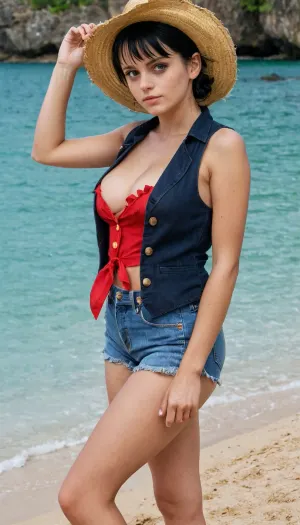 Pirate captain, female, 25 years old, Brazilian, monkey d luffy, very short black hair, tousled hair, straw hat with a red ribbon, large eyes, scar under her left eye, red button-up waistcoat, large tits, blue denim hot pants, sandals, downblouse, nipslip, <lora:RealDownblouseXL2:.8>