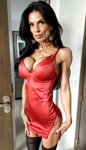 Onlyfans bts, Beautiful MILF, red satin dress, portrait, lots of gold necklaces, at my condo front door, very closeups, standing, choker, looking at me, very skinny, no fat, stockings, flexing, nice eyes, beautiful, old skin, thick lips, thick eyebrows, gold jewelry and earrings, rich mom, super beautiful muscle 59yo Moroccan black hair, tattoos, long hair, large muscles, very fit, nice photo, 4ng3l, face, <lora:ThePitXL:.8>, <lora:SDXL_BetterFaces-LoRA_v1:.8>, <lora:DetailedEyes_V3:.8>, <lora:clothed_small:2>