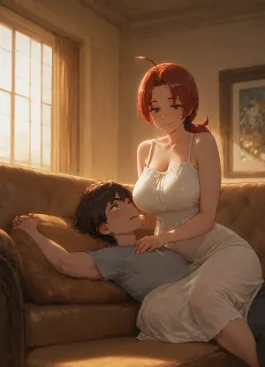 Wide angle, On couch, golden hour, warm window light, Delia Ketchum from Pokemon, fully clothed wearing summer dress, femdom, Pokemon art style, blushed face, intense