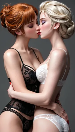 Anna and Elsa from the movie Frozen, (Elsa standing behind Anna), (Anna turning back to Elsa), lesbian, perfect bodies, perfect hands, erotic black and white lace lingerie, beautiful breasts, Elsa holding Anna breasts in both hands, messy wild updo hairstyle, closed eyes, Elsa passionately kissing neck from behind, ((neck kissing)), ((passionately caressing their hair)), (hand in panties), glossy red fingernails, front view, best quality, masterpiece