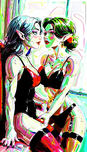 ((Aesthetic 11, a lavish private high-fantasy strip club bathed in warm, dim lighting, casting deep amber and violet shadows across the plush velvet couches and polished mahogany floors. Two slender, effeminate elf males—one with silver-blue hair cascading down his back, the other with fiery auburn curls—sit entwined on a couch, their lithe bodies glistening under the ambient glow. The first elf arches forward, lips wrapped around the other's cock, his delicate fingers gripping his partner's thigh as he services him with slow, teasing strokes. Their eyes, however, remain locked on the muscular futanari stripper dominating the brass pole center-stage—her toned abdomen flexing as she spins, her thick thighs straining against fishnet stockings, garters dangling precariously. Sweat beads on her dusky skin as she grinds down the pole, her pierced nipples catching the light, her smirk predatory as she watches the elves' mutual arousal unfold. The composition is wide-angle, capturing all three in frame—the stripper's powerful silhouette mid-motion, the elves lost in their dual indulgence—against a backdrop of stained-glass windows depicting erotic scenes, their fractured colors scattering across the scene like shattered desire. Photorealistic detail emphasizes textures, the slickness of saliva, the sheen of latex lingerie, the coarse grain of the elf's bitten-red lips. Moody, cinematic, and dripping with tension.)), perfect anatomy, best quality, 8k, insane details, intricate details, hyperdetailed, hyper quality, ultra detailed, professional, HDR, ray tracing reflection, highlydetailedbody, realisticface, highlydetailedhair, insanelydetailed, 8K.highdetailedskin, highresolution, perfectfingers, (j_cartoon:1.5), Drawing, supermodel, face, big, lips, uberfit, muscular, athletic, <lora:Beautify-Supermodel-SDXL:2>, <lora:uberfit_lora_sdxl:.4>, <lora:samdoesarts1.1-000030:.4>, <lora:J_cartoon:.3>, <lora:Animated_Concept:.4>