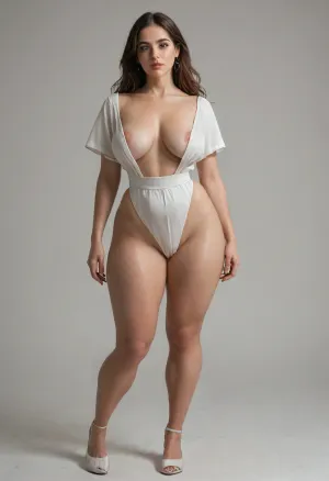 tall curvy 20's style woman, huge saggy Teardrop silicone breasts, thin waist, thick thighs, thick hips, round bottom, full front body image