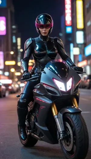 futuristic, in town, night, neons, female Robocop, black armor, (no hair), helmet with visor, riding big futuristic black motor, sexy pose, lying forward on the motorcycle