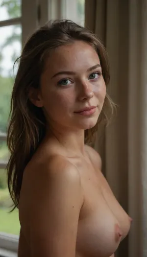 Cinematic still the viewer looks down at a submissive girl standing sideways looking at the camera.mClose up view. The perspective immerses the viewer 4k epic detail, shot on kodak, 35mm photo, sharp focus, high budget, cinemascope, moody, epic, gorgeous, film grain, grainy, score_9, score_8_up, score_7_up, green eyes, brunette hair tightly tied back, (nude:1.5), old English thatched cottage, close up view, sophisticated looking face, freckles. Window sunlight with a beautiful cottage garden visible. Windy day. Beautiful 25 years old, glowing skin, slim face, evening light, tiny pointed breast. Flat chest. No hands visible. Lots or bright flowers visible. Athletic build, full build. Sweating profusely, wet, intense look, relaxed posture relaxed neckline. Flowery curtains. Wooded window frames. Chuckling to herself, will padded body. Side view, looking over shoulder. Fresh look. Looking directly at the camera. Neat tidy hair. Big happy smile, <lora:igbaddie-XL:.8>