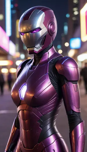 futuristic, in town, night, neons, female Ironman, chrome colour, purple armor, (no hair), helmet with visor, masked face