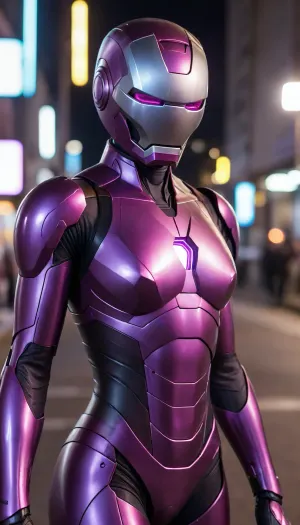 futuristic, in town, night, neons, female Ironman, chrome colour, purple armor, (no hair), helmet with visor, masked face