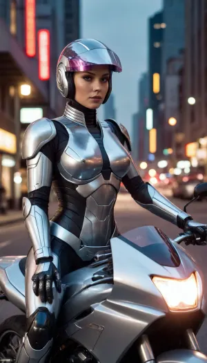 futuristic, in town, night, neons, female Robocop, silver armor, (no hair), helmet with visor, riding big futuristic silver motor, sexy pose, lying forward on the motorcycle