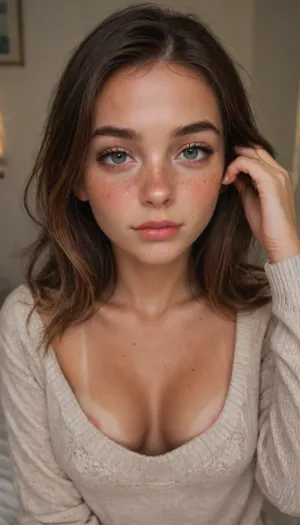 ziprealism, (score_9, score_8_up, 1girl), closeup shot, sharp focus, high saturation, high contrast, high angle, focus on eyes, perfect eyes, perfect hands, smokey makeup, long eyelashes, full lips, elegant facial features, young woman, naughty woman, (small natural breasts, pale breasts, cleavage, loose comfy sweater, tan lines, nipple slip, romantic esthetic, cozy bedroom, intimate moment:1.2), (horny, hungry expression, freckles, blushing, flushed face, seductive pose, hand up, hand in hair:1.4), igbaddie, <lora:igbaddie-XL:.8>, <lora:add-detail-xl:.8>