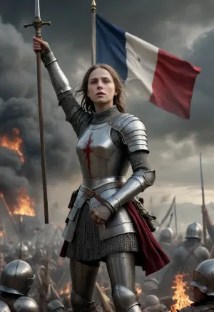 Create a photorealistic, ultra-high-resolution image of Joan of Arc on the battlefield during the revolution. She stands boldly on the barricades, holding the French flag high, her expression resolute and inspiring. The battlefield is teeming with numerous figures, each caught in the intensity of the struggle. The background is filled with smoke and dark clouds, adding a dramatic and charged atmosphere. The scene should highlight the courage and determination of Joan of Arc, capturing the essence of the revolutionary spirit in every detail.