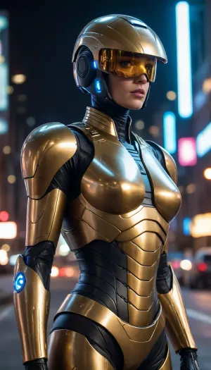 in future town, night, neons, female Robocop, golden armor, (no hair), helmet with visor