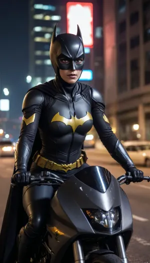 futuristic, in town, night, Batgirl, chrome colour, (no hair), helmet with visor, masked face, cape, (the black eye tour:1.5), riding the batmoto