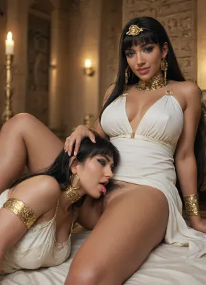 45 years old, chubby woman, (tanned Cleopatra:1.5), black hair, blue eyes, very long straight layered hair, (Wearing a long gold white Egyptian dress with gold lace trim:1.5), gold jewelled choker, gold jewellery, (extremely hairy pussy), . Seductive, smiling. Eye contact. Egyptian makeup. Gold headress ., (She is sitting on her ornate throne), sitting with legs spread, mature wearing servant clothes is kneeling on front of the seated Cleopatra and is licking the Cleopatra’s pussy, pussy licking, lesbian Pussy licking, lesbians, deep cunnilingus, mouth on pussy, in the evening, candle lighting, shadows, massive cleavage, heavy breasts, downblouse, nipples just visible, seductive, Side view, . Beautiful detailed face, smouldering azure blue eyes, side view, close-up pussy, focus pussy