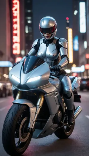 futuristic, in town, night, neons, female Robocop, grey armor, (no hair), helmet with visor, riding big futuristic grey motor, sexy pose, lying forward on the motorcycle