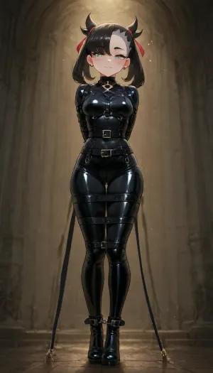 masterpiece, marnie from pokemon, best quality, ultra-high-detailed, 1girl, cute tall, tall, smile, latex suit, stockings, stocking gloves, belt bondage, ((belt)), (bondage:1.6), tight bondage, ((tied with straps)), elbows are brought together from behind back, hands behind back, (armbinder)