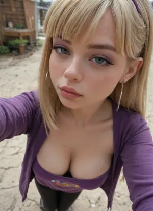 (Pacifica Northwest from Gravity Falls), solo, Pacifica has long beach blonde hair with bell-shaped bangs and dark blue eyes. Pacifica usually wears a purple jacket with a short lavender dress, a periwinkle belt, and black leggings with off-white boots. She wears heavy purple eyeshadow and lavender hoop earrings. Huge tits, seductive selfie, revealing breast, half-closed eyes, (naughty seductive kissing the viewer:1.8)