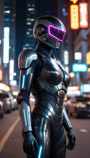 in future town, night, neons, female Robocop, chrome colour, black armor, (no hair), helmet with visor