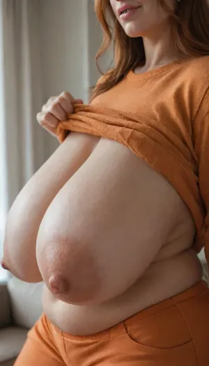 (boobs flashing), chubby milf, hyper gigantic areolae, long sagging breasts, (saggy breasts:1), gigantic ass, oversized ass, (close up:1), clothed, lounge, gorgeous face, ginger milf, ginger hair, tight orange shorts, sweater lifting