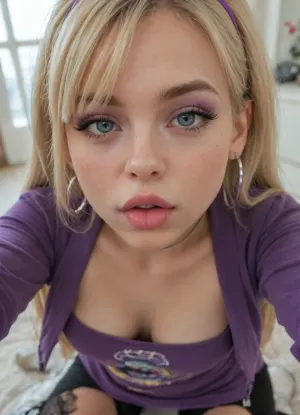 (Pacifica Northwest from Gravity Falls), Pacifica has long beach blonde hair with bell-shaped bangs and dark blue eyes. Pacifica usually wears a purple jacket with a short lavender dress, a periwinkle belt, and black leggings with off-white boots. She wears heavy purple eyeshadow and lavender hoop earrings. Huge tits, seductive selfie, revealing breast, (naughty seductive blowing a kiss to the viewer:1.8)