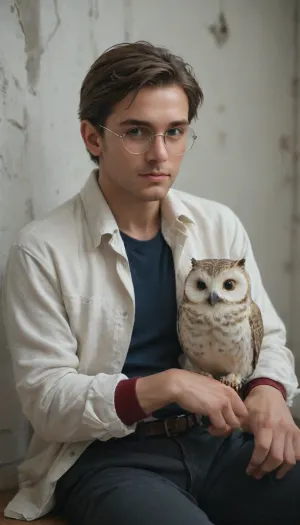 men Harry Potter 18+, round glasses, white owl sitting on his arm, beautiful art, watercolor, winter