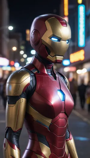 futuristic, in town, night, neons, female Ironman, (no hair), helmet with visor, masked face