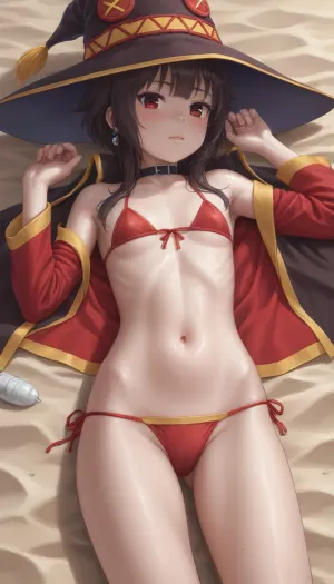 Megumin from the anime, she is 20 years old, she is lying on the sand in a bikini, wearing a hat.