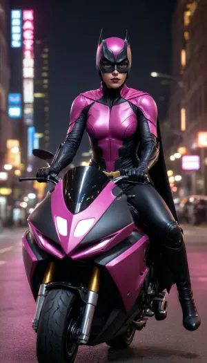 futuristic, in town, night, Batgirl, chrome colour, pink armor, (no hair), helmet with visor, masked face, cape, (the black eye tour:1.5), riding the batmoto, pink motorcycle
