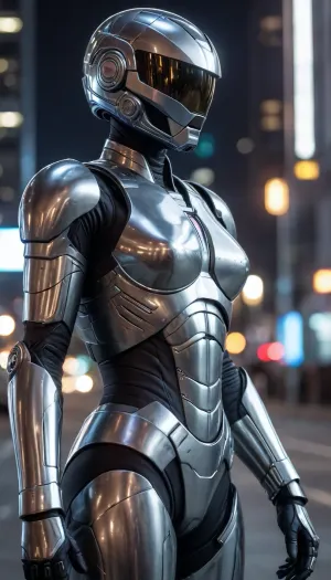 in future town, night, neons, female Robocop, chrome color, silver armor, (no hair), helmet with visor