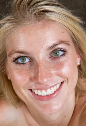 photorealistic close-up portrait of a young woman in her late 20s, fair skin with natural tone, oval face shape, high cheekbones, soft features, long straight blonde hair falling over shoulders, light brown roots, blue-green eyes with bright expression, wearing thin round gold-rimmed glasses, small silver nose stud piercing on the right nostril, small dangling silver earrings, smiling with visible white teeth and slight lip curve, natural makeup-free look, detailed facial textures, pores, subtle freckles if any, high resolution, 8k, ultra detailed face, masterpiece, best quality, realistic lighting, (sharp focus:1.3), (photorealistic:1.4), (detailed eyes:1.2), (natural smile:1.1)